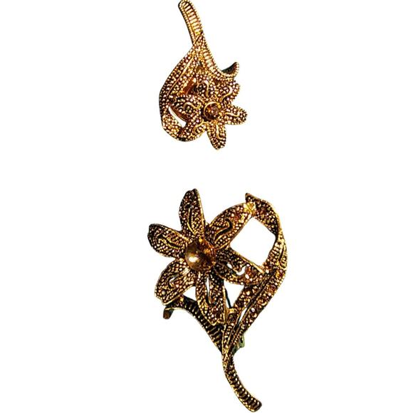 Vintage Set of Two Floral Brooch Flower Stem Pin Two Piece Set Topaz Bronze - Picture 1 of 8